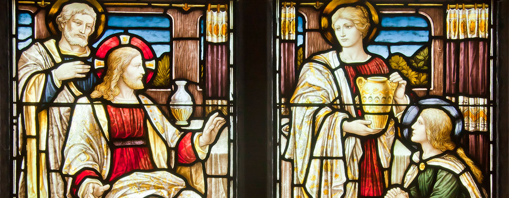 Stained Glass window of Jesus with Lazarus, Mary & Martha